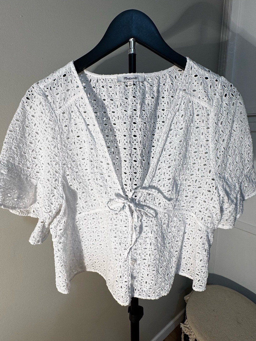 Madewell White Eyelet Tie Front Blouse XL Cotton Flutter Sleeve Top